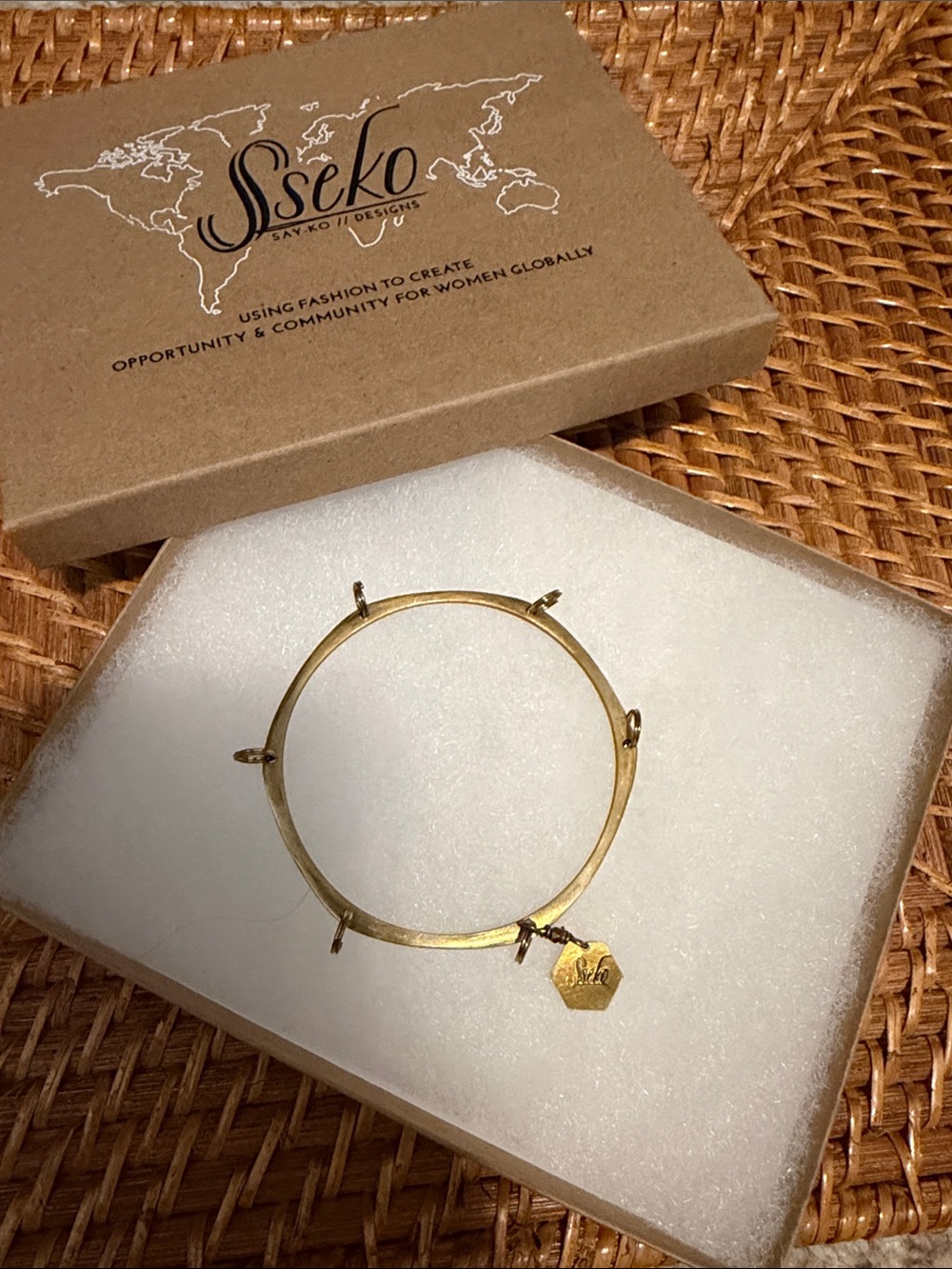 Sseko brass Bangle Bracelet with Hex Charm